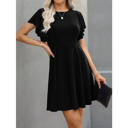 Plus Size Elegant Cocktail Women's Party Dresses Spring Summer Floral Ruffle Sleeve Crew Neck High Waist Flowy A Line Mini Dress