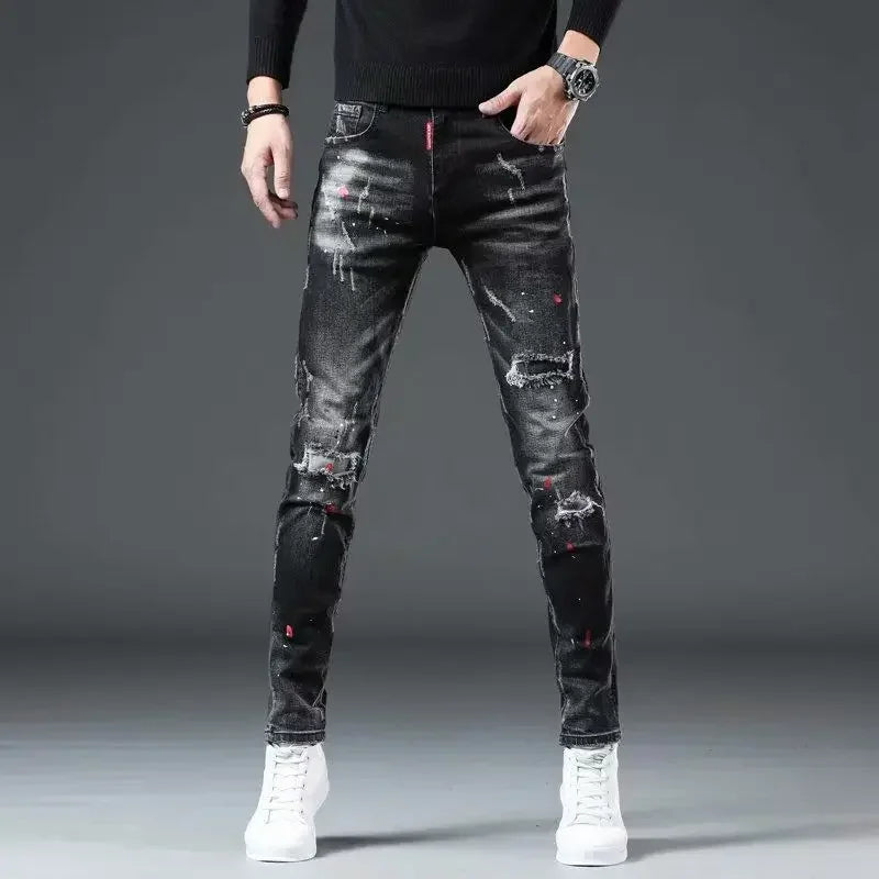 Trousers Ripped Torn Patch Man Cowboy Pants Slim Fit with Holes Men's Jeans Tight Pipe Skinny Broken 2025 Korean Autumn Goth Xs