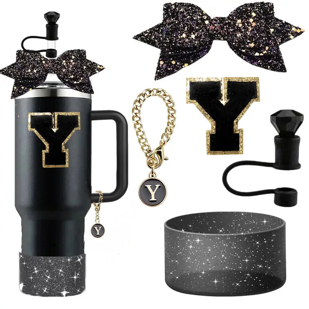 5pcs Accessories Set for Stanley 30oz 40oz Tumbler Cup Including 10mm Diamond Straw Cover Topper Bow Ties Initial Sticker