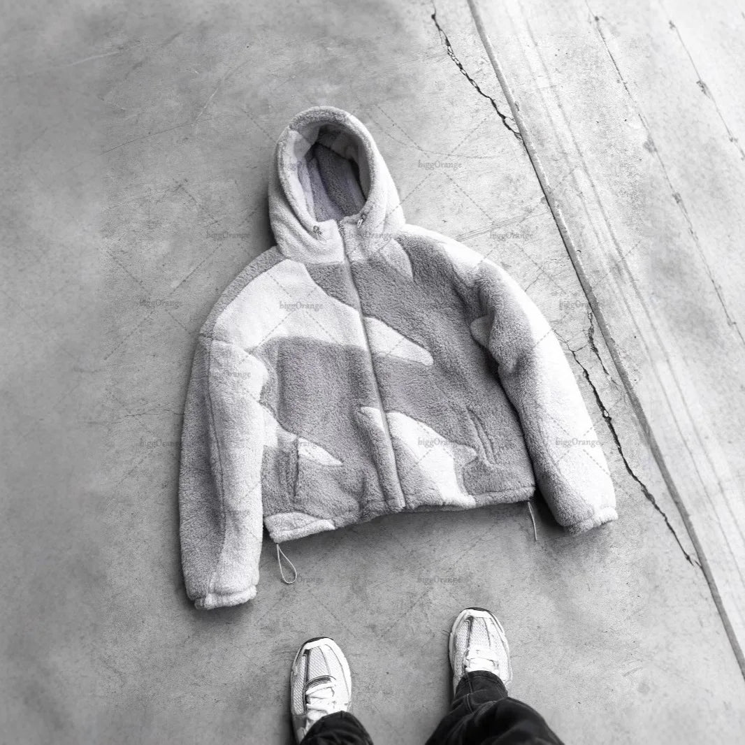 Street Wear Men's and Women's Zipper Hooded Men's Wool Jacket Autumn Winter American Retro Lamb Wool Splicing Windproof Jacket