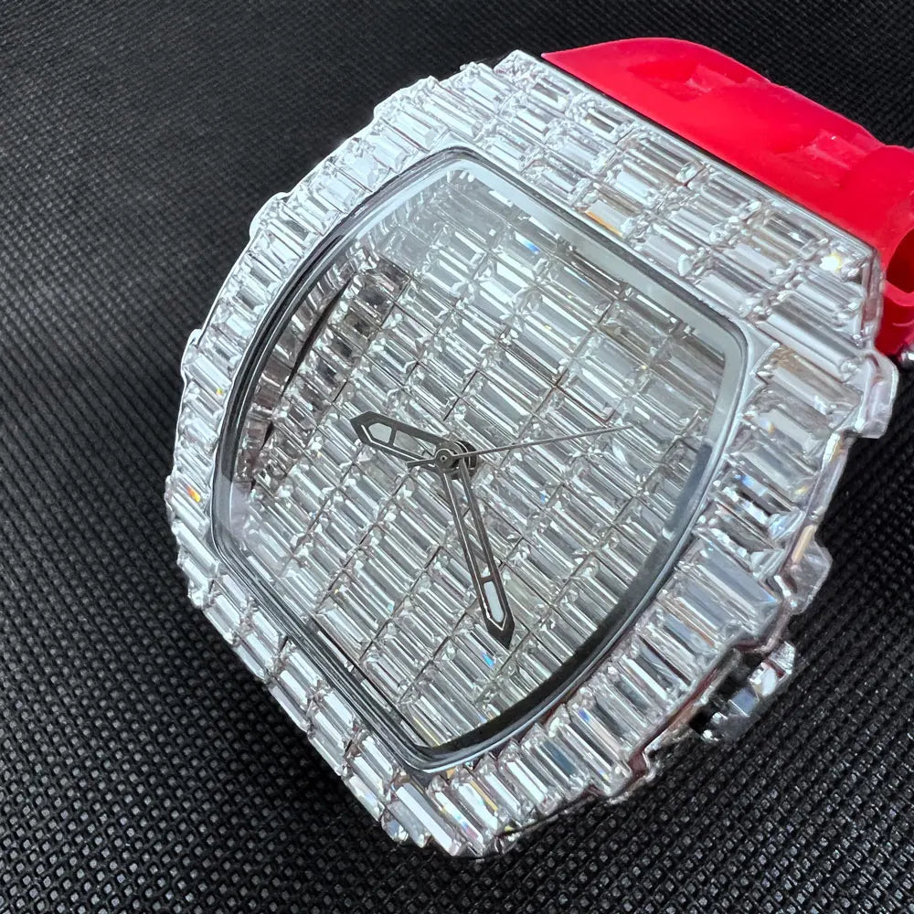 Luxusmarke Herrenuhr Mode Einzigartige Tonneau Uhren Diamant Blingbling Zifferblatt Wasserdicht Gummiband Armbanduhr Heißer Verkauf Geschenk