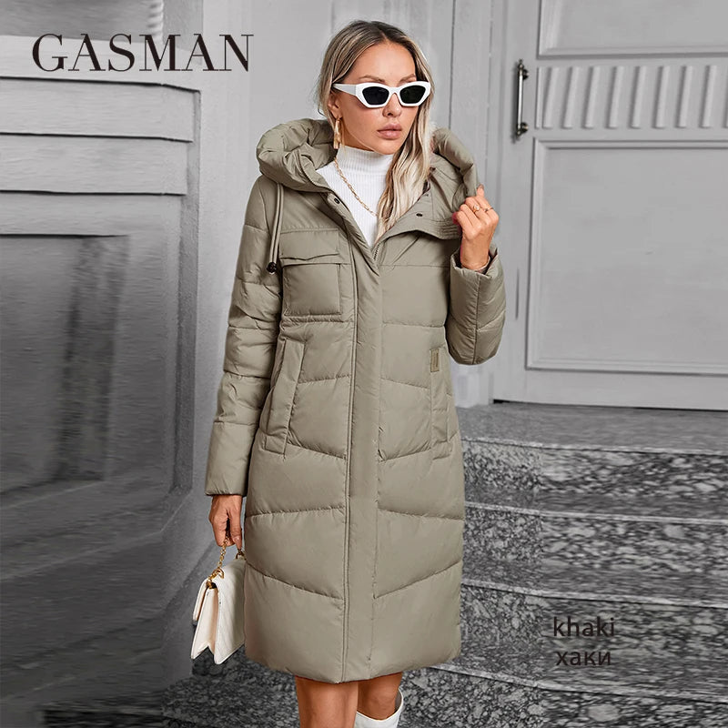 GASMAN  Women Down Jacket Long Classic zipper design Big Pocket Stand Collar Hooded Slim coat Women Parkas