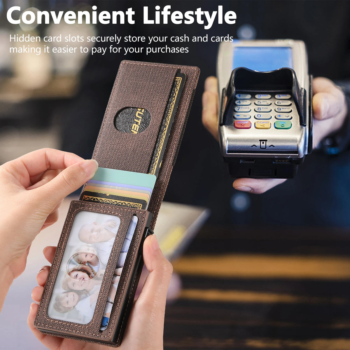 SUTENI Faux Leather Card Slot Wallet Flip Cover Unisex Card Box Pressing The Button Automatically Ejects The Card
