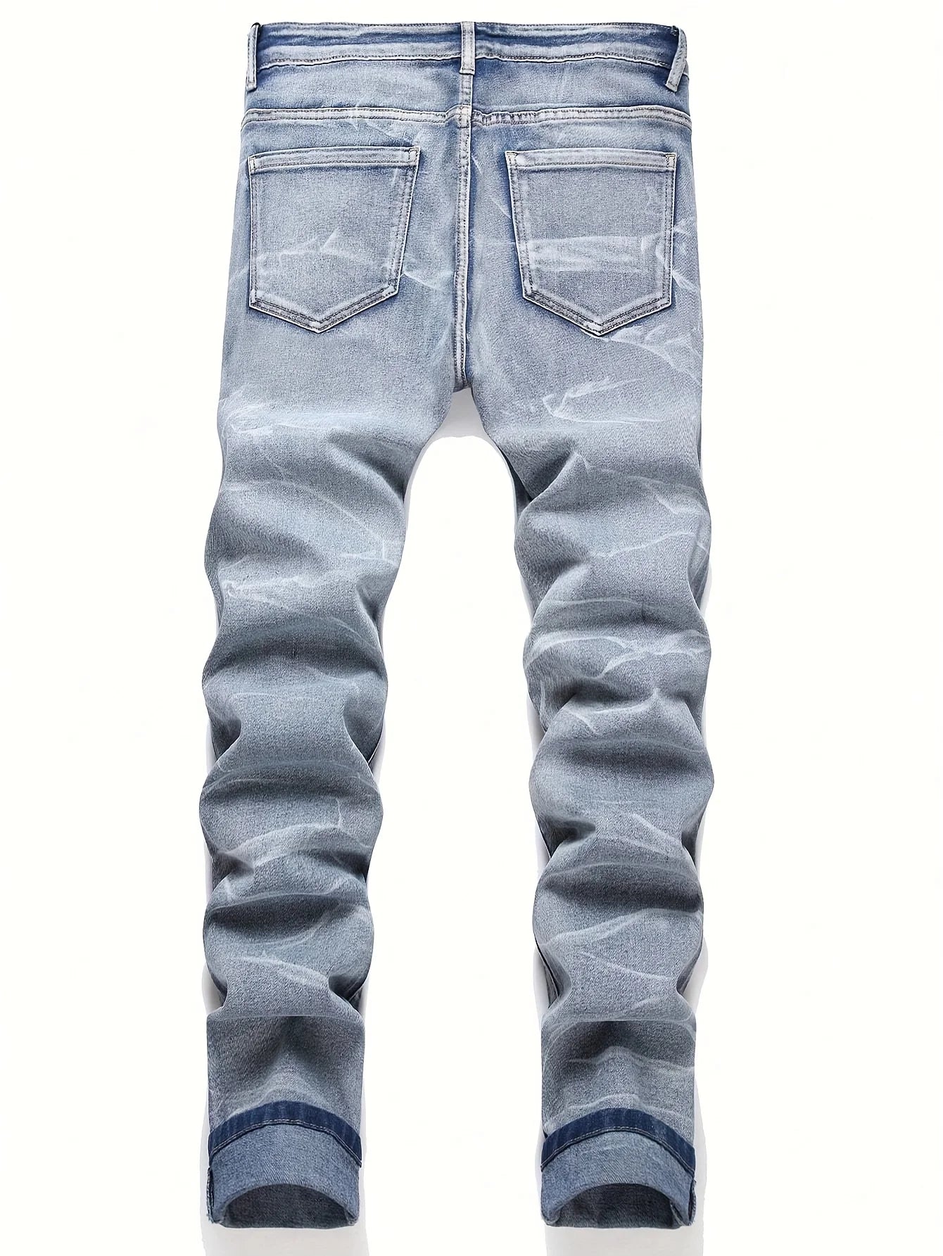 Men's Stretchy Denim Jeans Streetwear Tearing Patchwork Holes Ripped Denim Elastic Waist Casual Pants Slim Fit Straight Trousers
