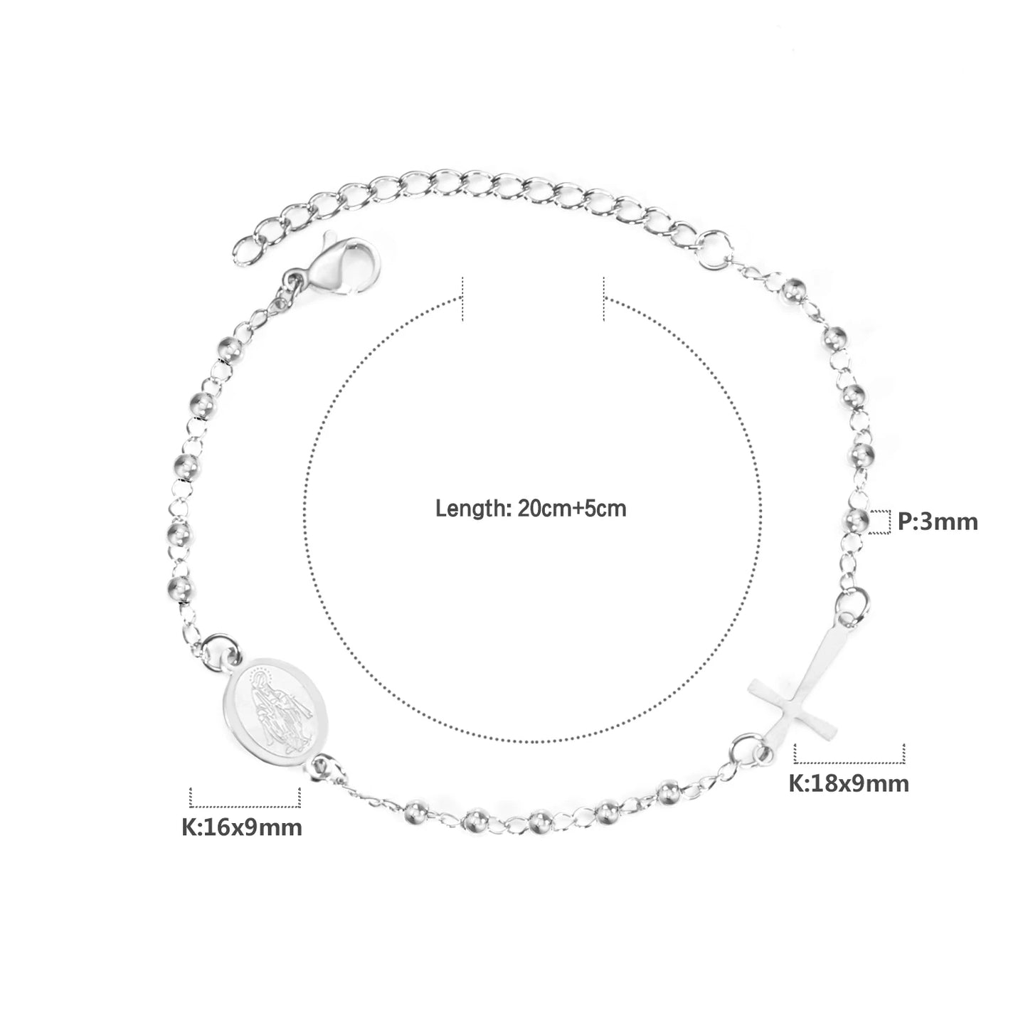 LUXUSTEEL Stainless Steel Long Necklace Virgin Mary Cross Pendant with 35cm+15cm Extender Bead Chain Jewelry