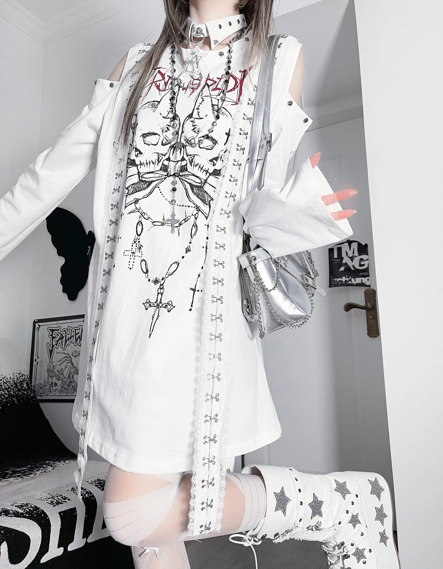 Original Gothic Printed Subculture T-shirt Top Spring New Japanese Punk Dark Girl Loose Long-sleeved Off-the-shoulder Tshirts