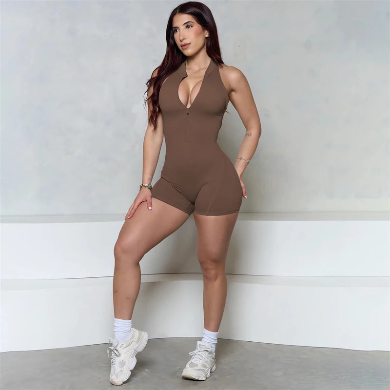 Women Bum Sleeveless ZIPPER Scrunch Butt Romper Women Sporty Jumpsuit Lycra Short Fitness Gym Overall New Workout Clothes