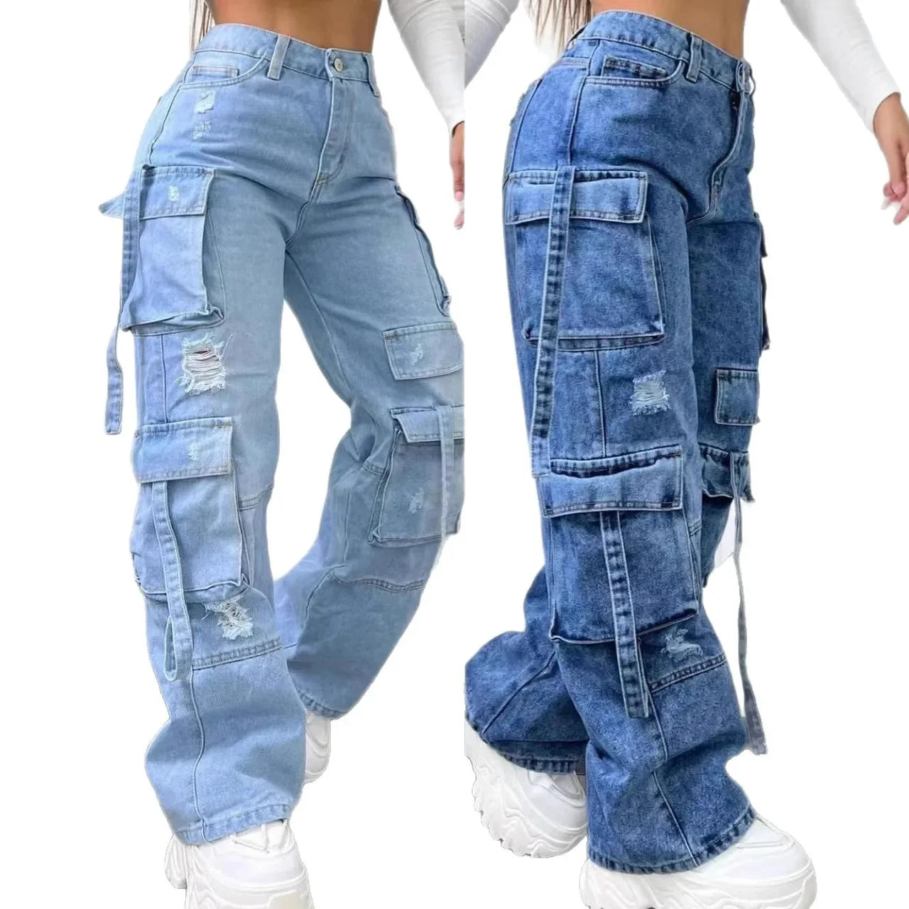 New Fashion Pure Color Casual Workwear Denim High Waist Multi Pocket Loose Fit Women's Jeans Versatile plus Size