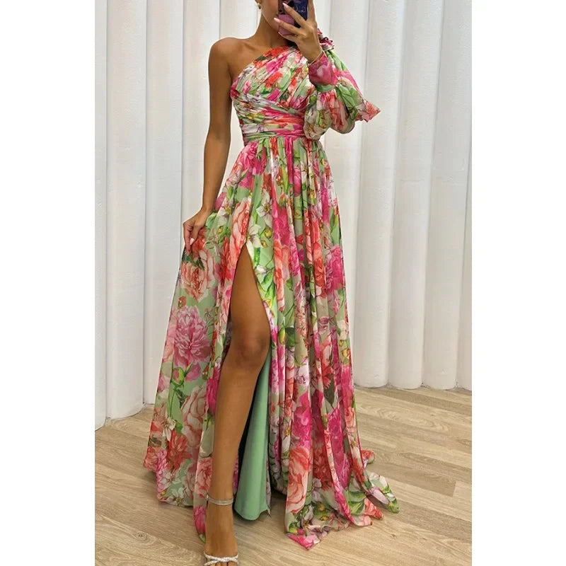 Women's Casual Off Shoulder Long Sleeved Waist Tied Dress with Slanted Collar Holiday Party Fashion Print Slit Dress