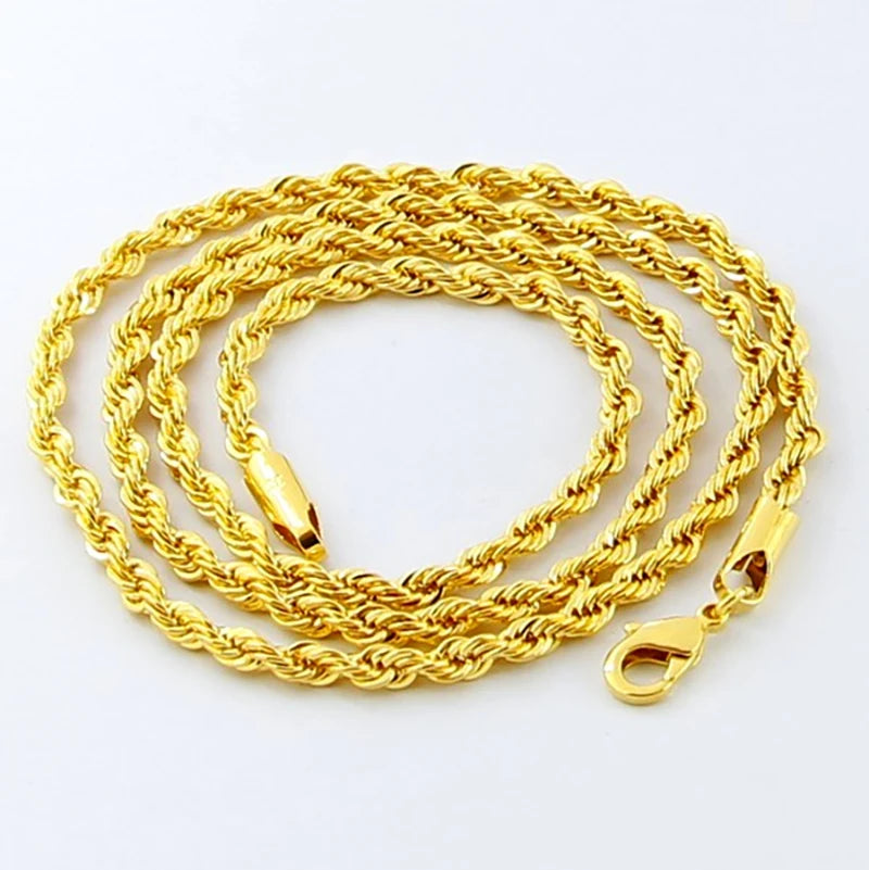 Hip Hop 24K Gold Necklace 3MM Twisted Rope Twist Electroplating Gold Necklace for Men Women Wedding Jewelry Gifts