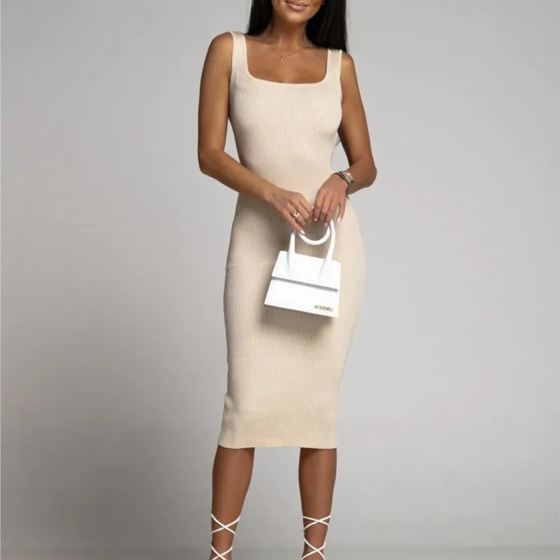Summer Khaki Solid Kintted Square Collar Sleeveless Bodycon Dress Casual Slim Black White Mid Dresses For Women Vestidos 2024