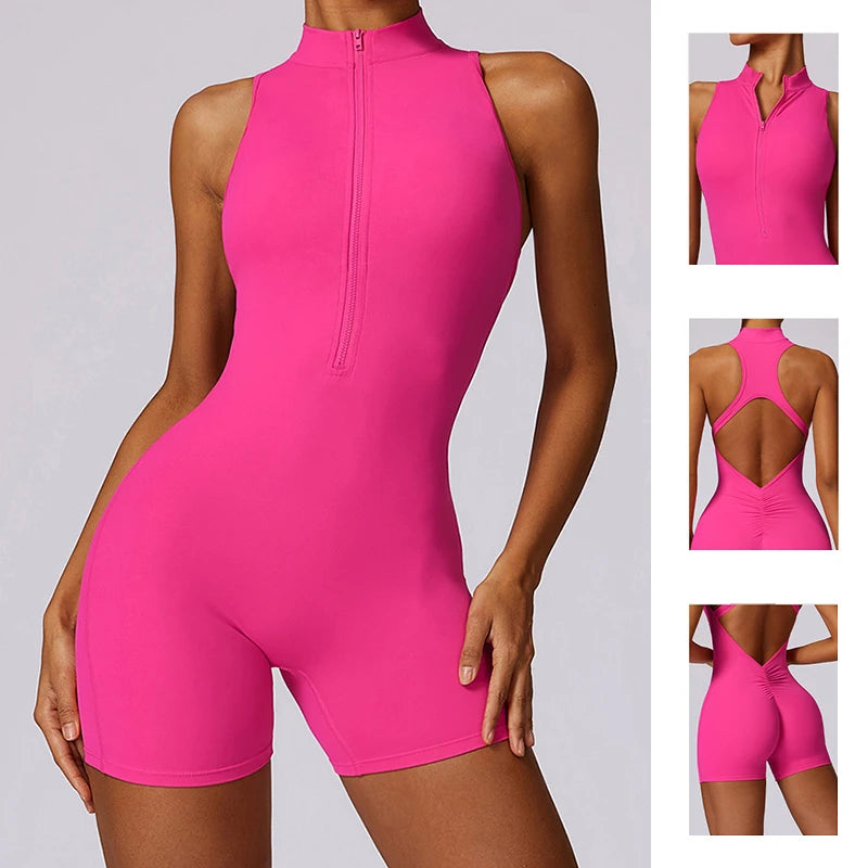 Neu V Zurück Scrunch Sport Overall Frauen Gym Strampler Ärmellose Sportbekleidung Bodys Frauen Zipper Einteiliges Anzug Yoga Kleidung