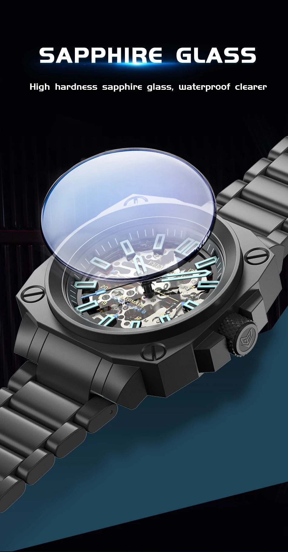 FeelNever Kreative Herrenuhr mit Automatikwerk, ausgehöhlt, modisch, lässig, sportlich, Militär, Leder, wasserdicht, mechanische Uhr + Box