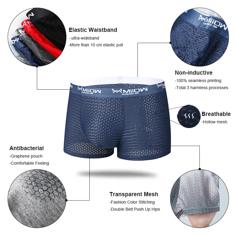 MiiOW 3/4/6Pcs Mesh Breathable Men Boxer Briefs Ice Silk Underwear Graphene Antibacterial Men Panties Underpants Man Boxershorts