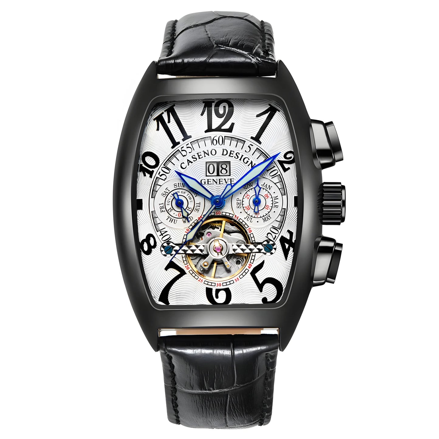 CASENO Top Luxury Brand Men's Fully Automatic Mechanical Tourbillon Watch Calendar Night Glow Tonneau Skeleton Watch -577G