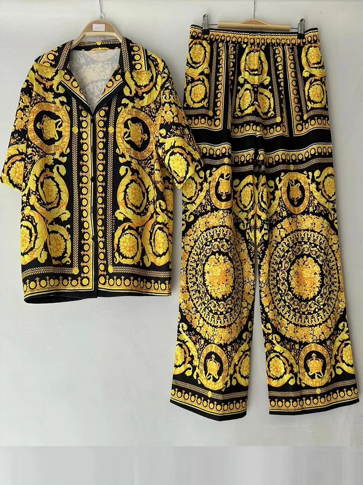 Luxury printed loose long-sleeved shirt spring and summer women's two-piece suit+elastic waist straight pants casual suit