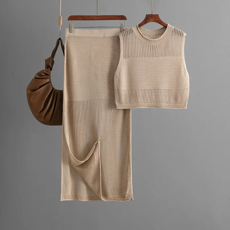 Two Piece Sets For Women Hollow Out Beach Skirts Outfits Knit Tank Tops Skirts with Slit Sexy Long Skirts Sets Women 2 Piece