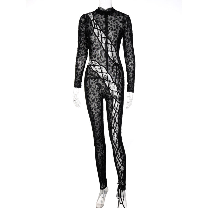 Skinny Hollow Out Cross Bandage Patchwork Jumpsuits Women Leopard Print Retro Fashion Sexy Cleavage Bodycon Party Clubwear Hot