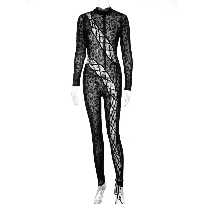 Skinny Hollow Out Cross Bandage Patchwork Jumpsuits Women Leopard Print Retro Fashion Sexy Cleavage Bodycon Party Clubwear Hot