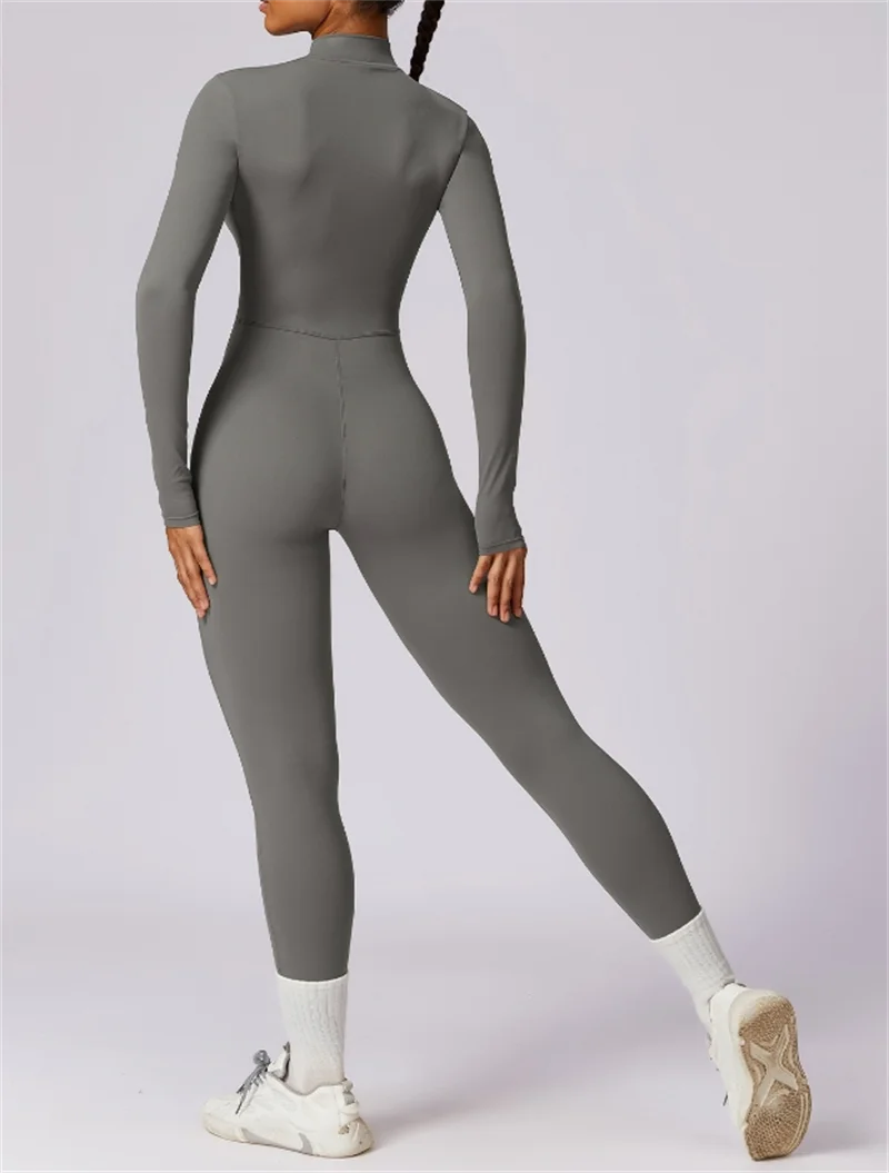 Half zip integrated long yoga jumpsuit solid color sexy long sleeved integrated sportswear for women