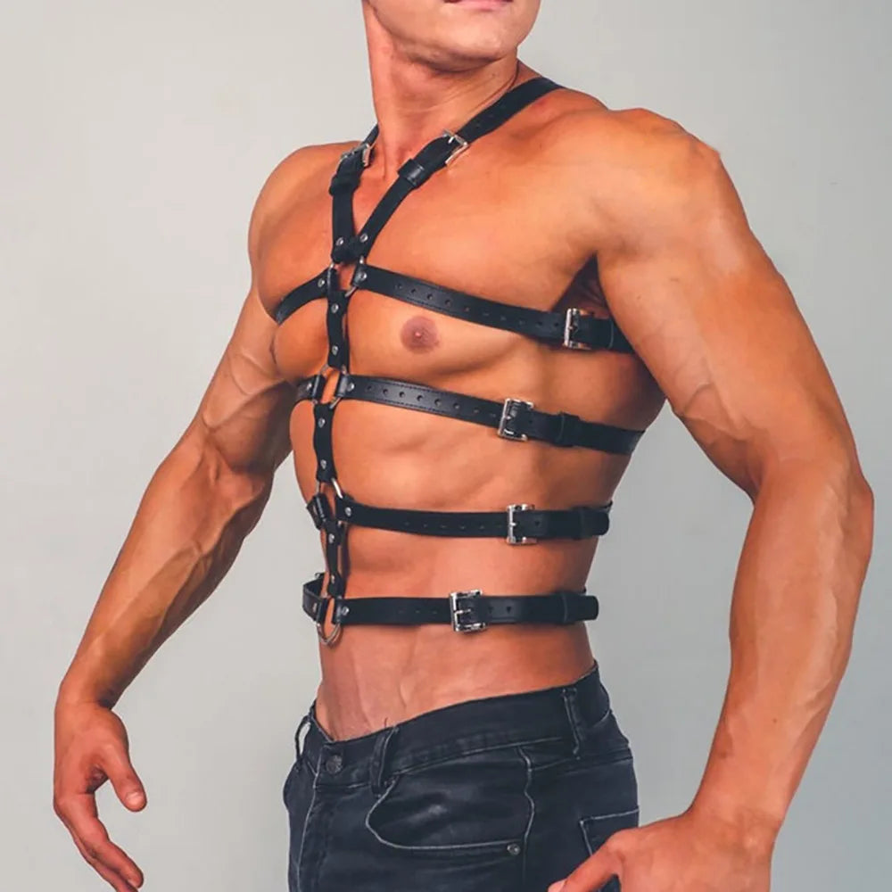 Sexy Harness Men Lingerie Gothic Punk Exotic Tanks Leather Arm Caged Body Chest Muscle Harness Costume Belt with Metal O Rings