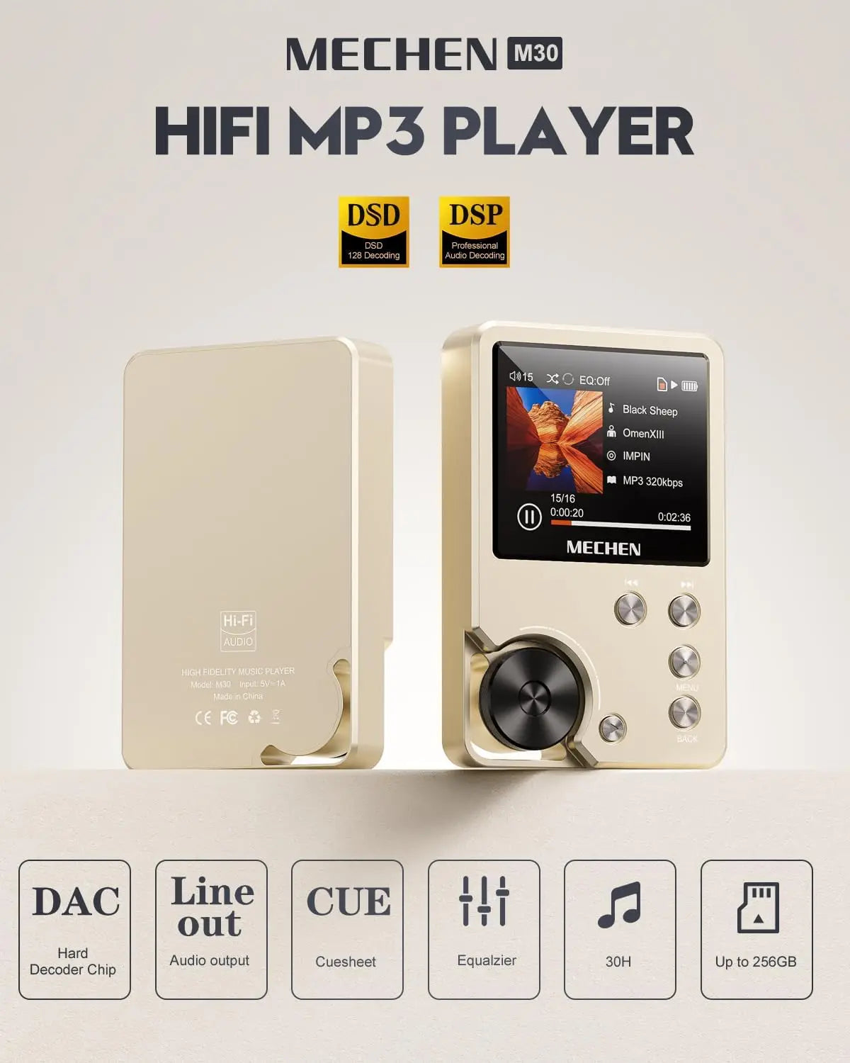 MP3 Player, Lossless DSD High Definition Portable Hi-Fi Digital Audio Music Player with 64GB Memory Card, Supports Up to 256GB
