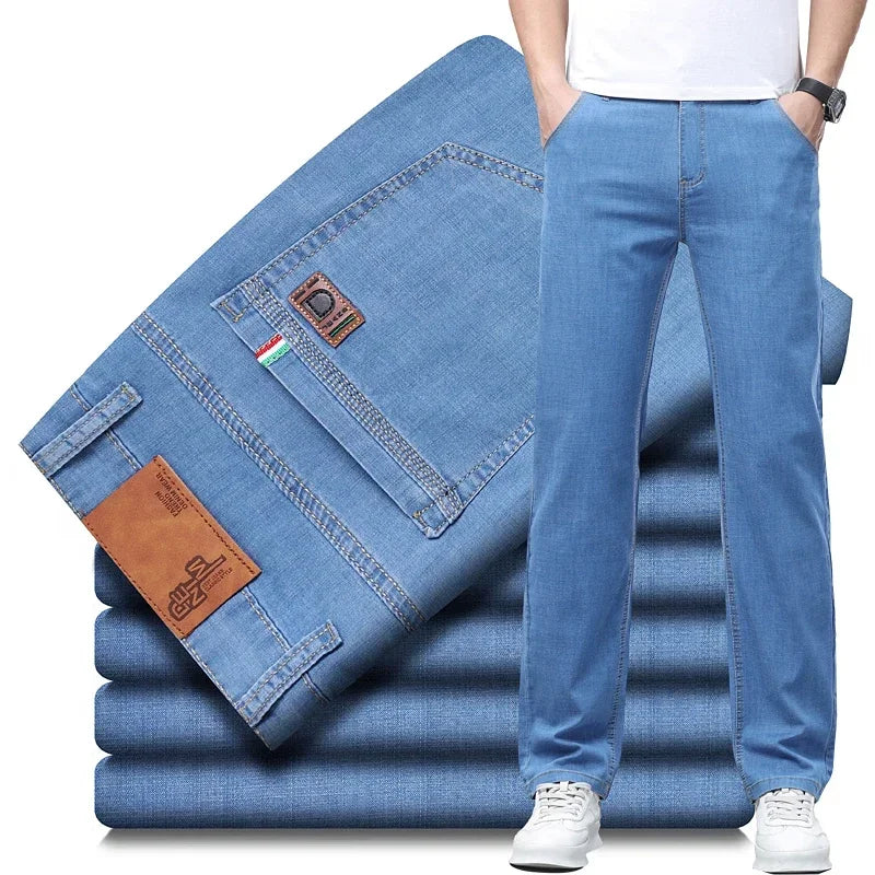 Business Thin Denim Jeans for Men Straight Stretch Cotton Work Pants Business Casual Lightweight Trousers Spring Autumn Workwear
