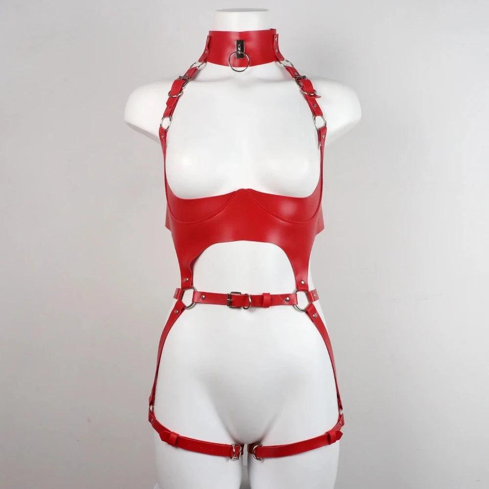 Women Fashion Sexy Harness Waist Belt Set PU Leather Harness Waist Erotic Body Leg Garter Belt Goth Clothing Accessoly