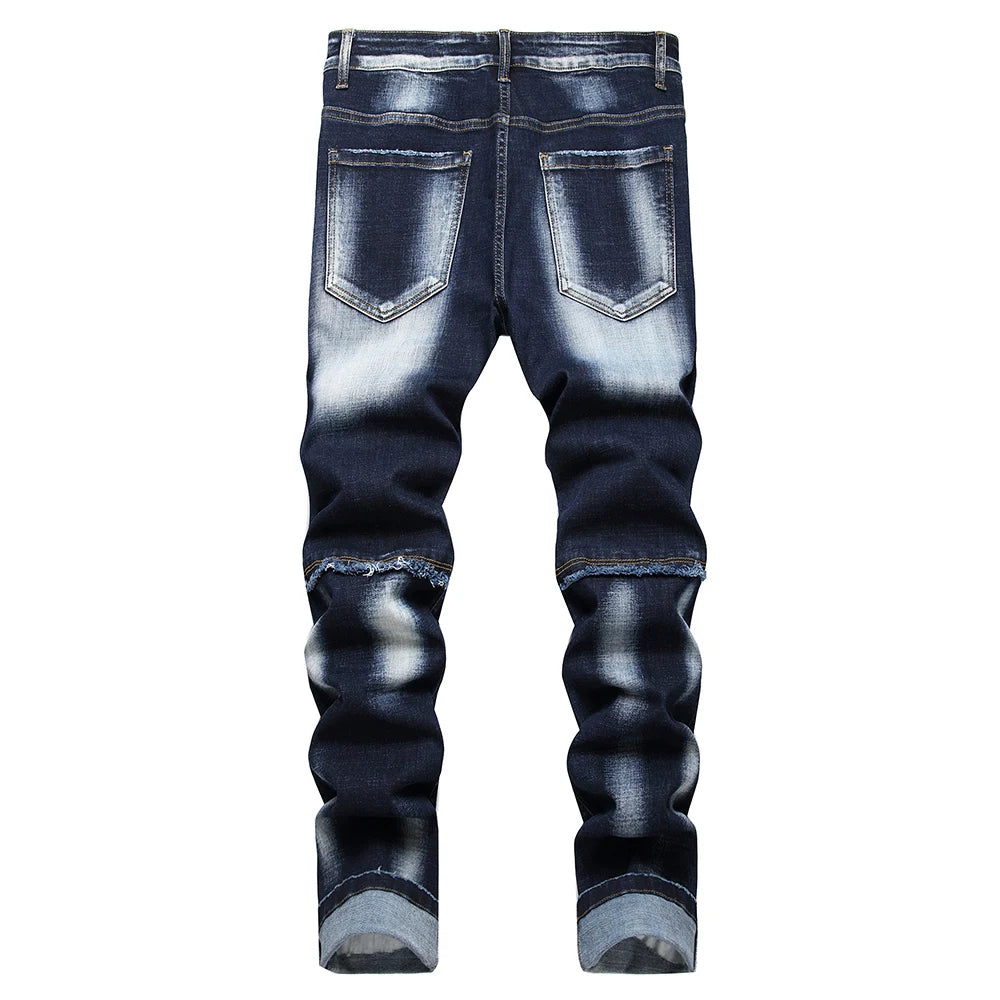 Men Patchwork Denim Jeans Holes Ripped Distressed Dark Blue Stretch Pants Casual Fringe Slim Straight Trousers