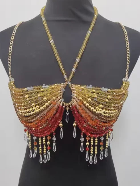 Handmade  Lingerie Harness Beaded Bra Halter Neck See-through Tassel Hollow Out Tops Body Beachwear Exaggerated Beaded Neck Bra