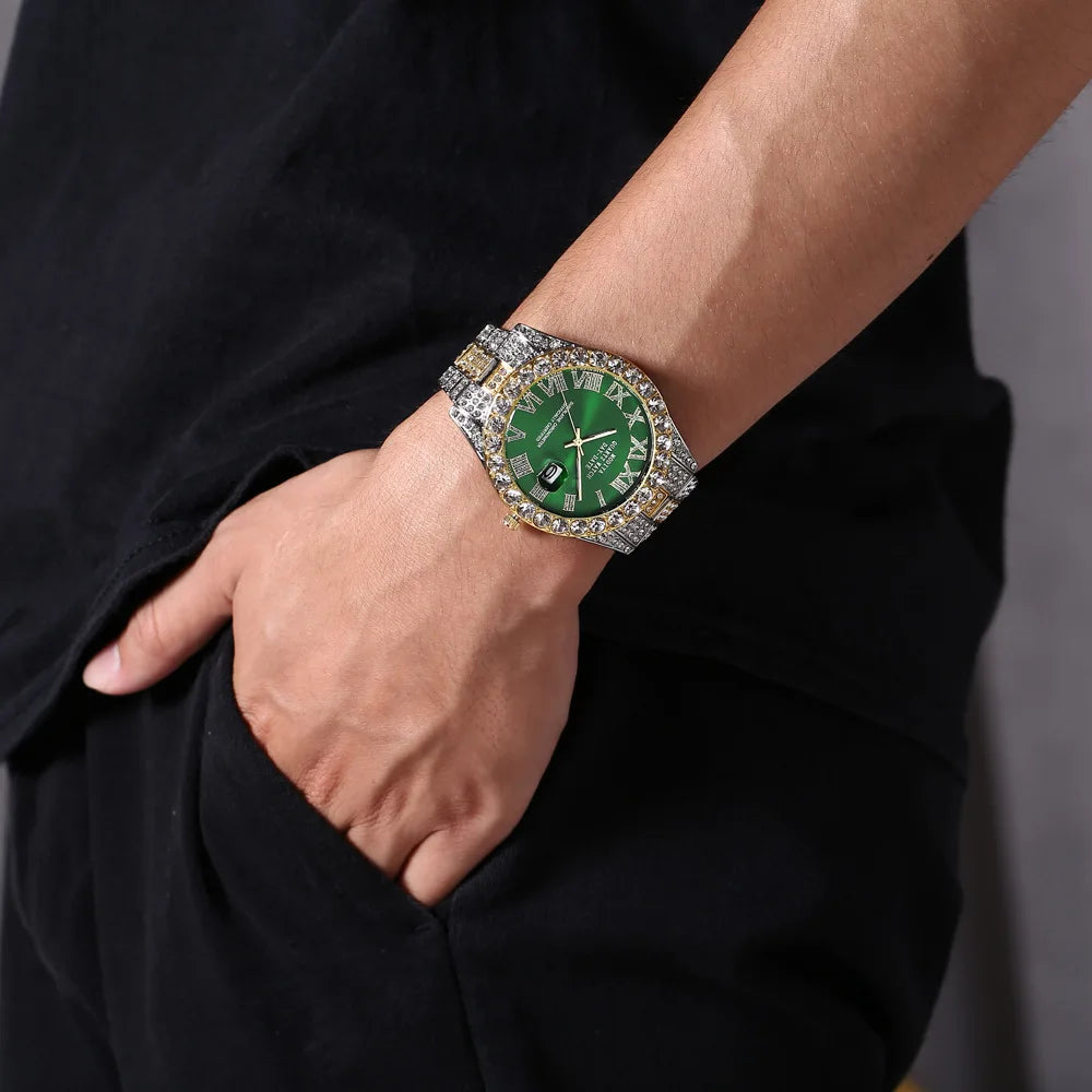 Diamond Bling Watch Men Gold Color Luxury Gift Quartz Watches Male Clock Dropshipping  Rhinestone Calendar Wristwatch