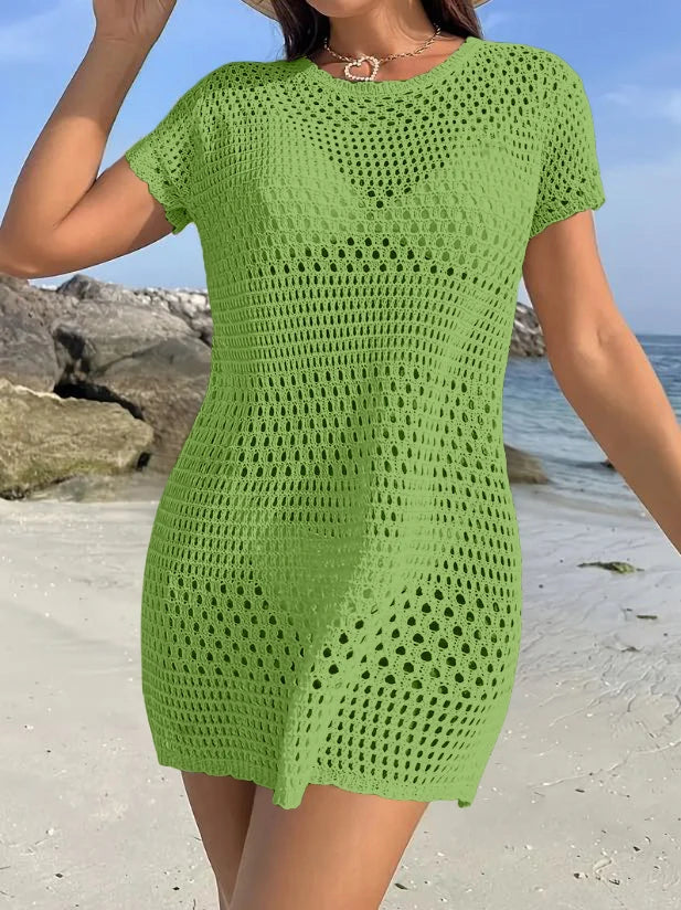 Summer Solid Color Mini Dress round Neck Holiday Hollow out Sun Protection Beachwear Women's Fashion Casual Skirt