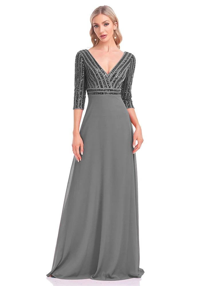 Lucyinlove Elegantes Langarmkleid mit Pailletten und V-Ausschnitt, rosa Abendkleid, Hochzeitsfeier, Abschlussballkleider für Frauen 2024
