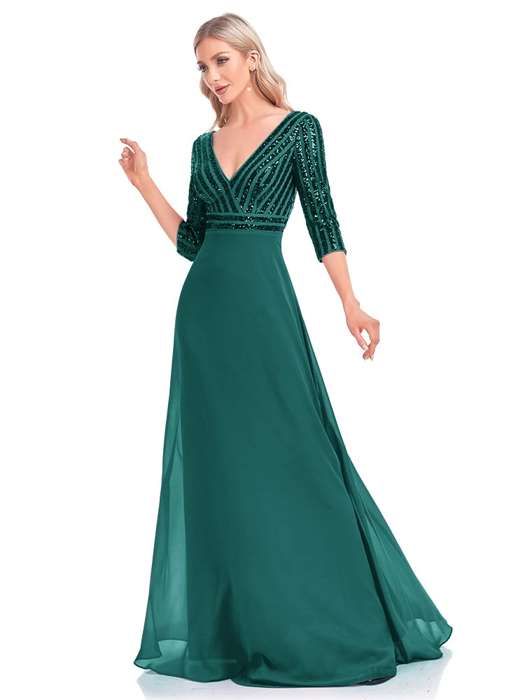 Lucyinlove Elegantes Langarmkleid mit Pailletten und V-Ausschnitt, rosa Abendkleid, Hochzeitsfeier, Abschlussballkleider für Frauen 2024