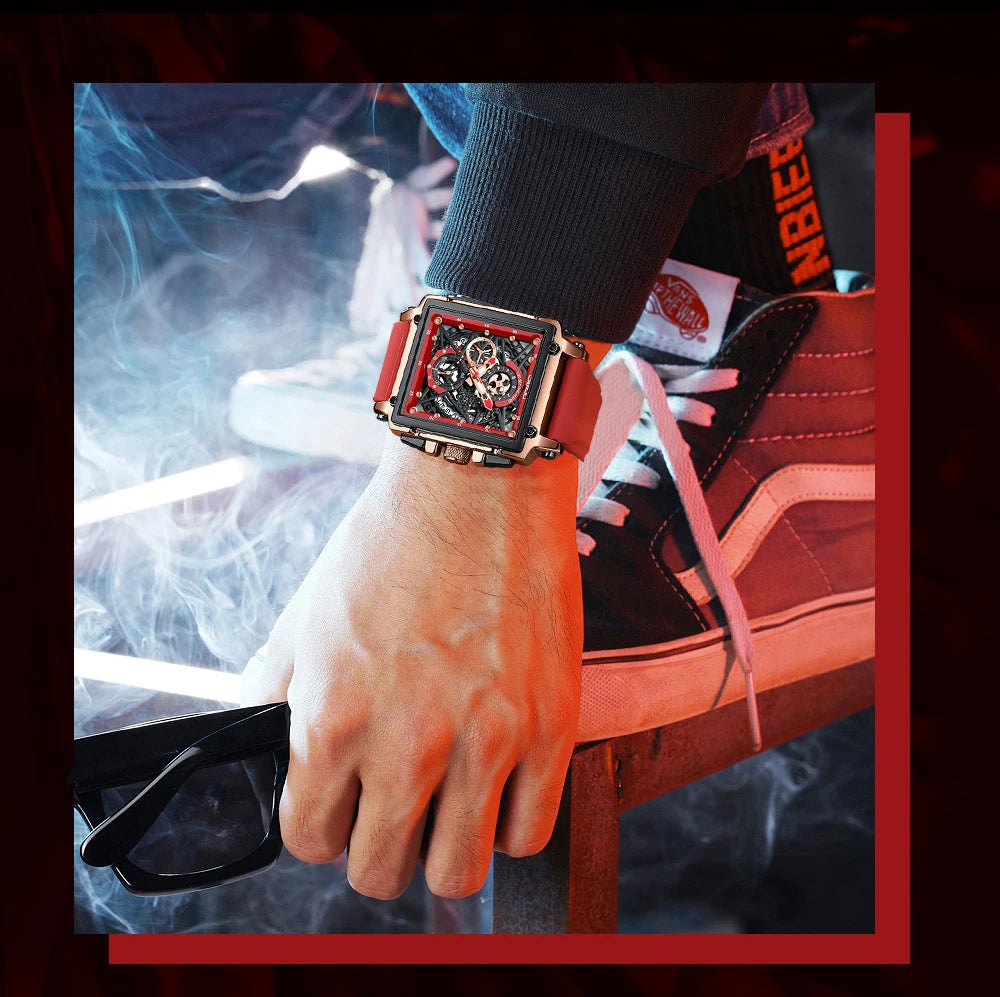 CRRJU Modische Sportuhren mit großem Zifferblatt, einzigartiges rechteckiges, hohles Design, Quarz-Armbanduhren mit Chronograph, automatisches Datum