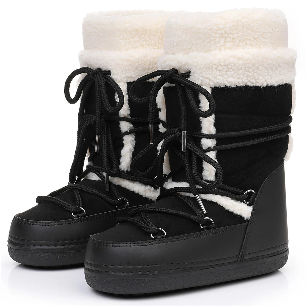 Pink Lamb Fleece Cotton Snow Boots for Women 2026 Winter Soft Warm Comfortable Lace-up Mid-calf Boots Soft Non-slip Ski Boots