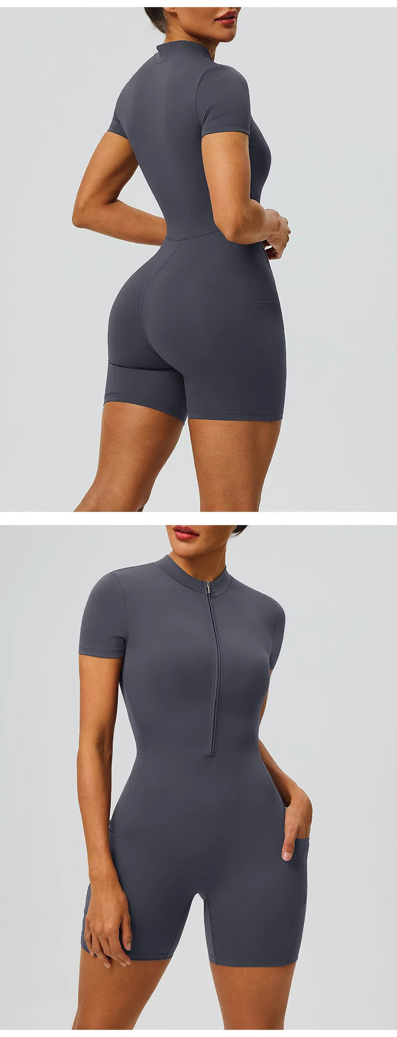 Women's zipper short sleeved yoga jumpsuit with functional pockets for hip lifting and tight fitting sports jumpsuit shorts