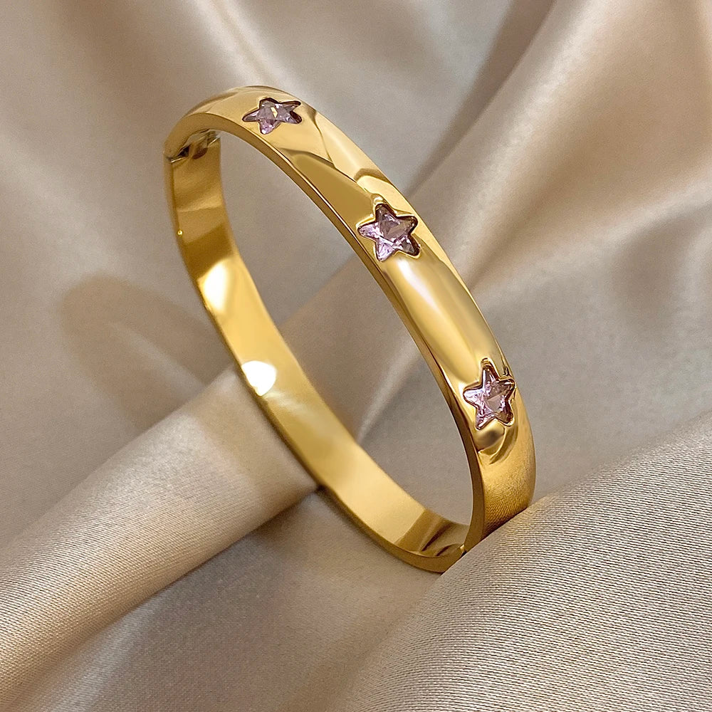 Shiny Star Colorful Zircon Smooth Cuff Bangle Bracelet for Women Trendy Gold Plated Stainless Steel Wide Bracelets Jewelry Gifts