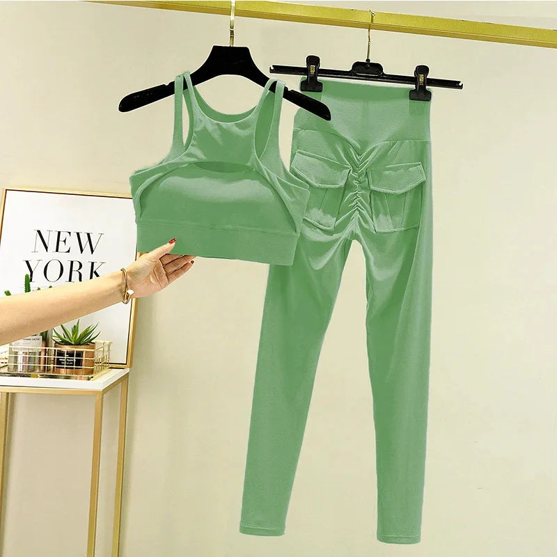 TRY TO BN Women's Tracksuit Yoga Set Sports Bra Leggings Pocket High Waist Pant Fitness Workout Cycling Sport Gym Outfit Clothes