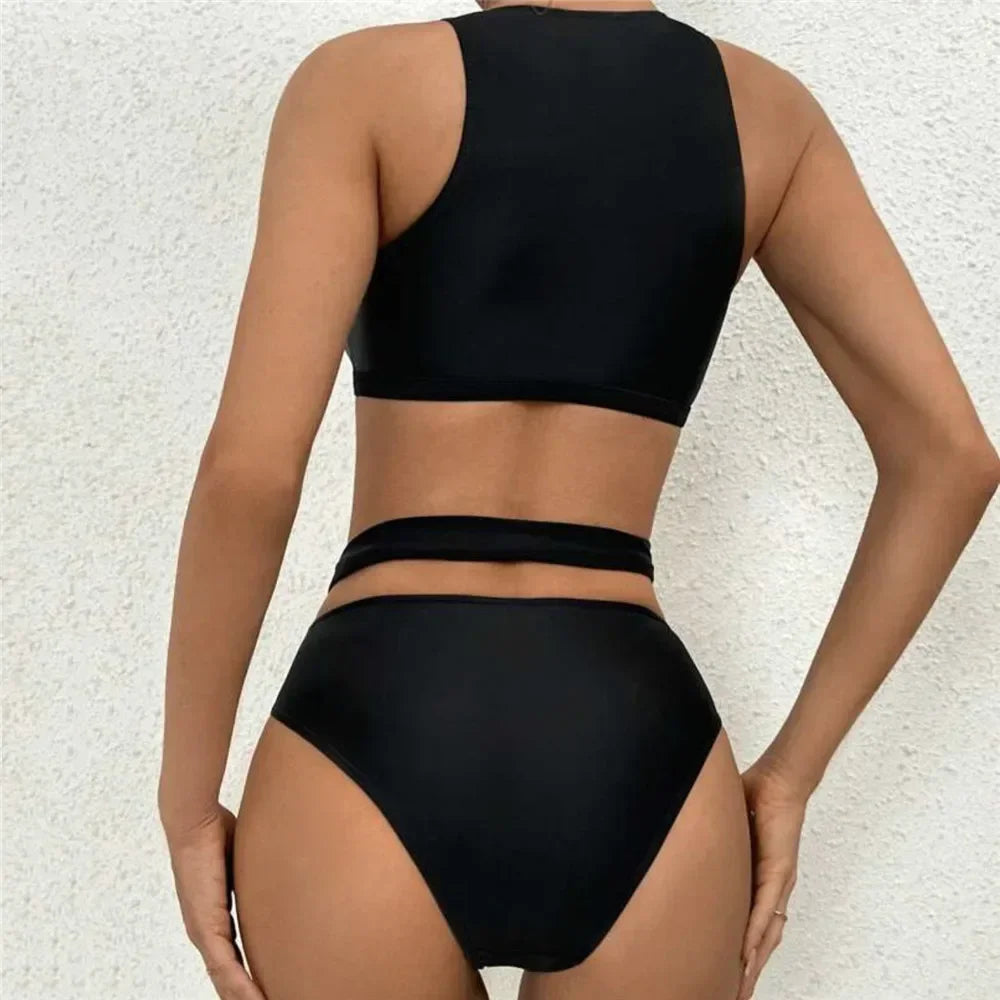 Black High Waisted Bikini Set Cross Bandage Sexy Swimsuit Women Mesh Patchwork Swimwear Hollow Out Bathing Suit Bikinis