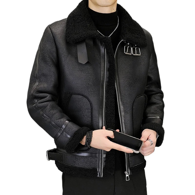 High-quality Faux Fur Leather Jackets Men Splicing Pockets Trend Casual Motorcycle Bike Jacket Winter Thick Warm Coat Streetwear