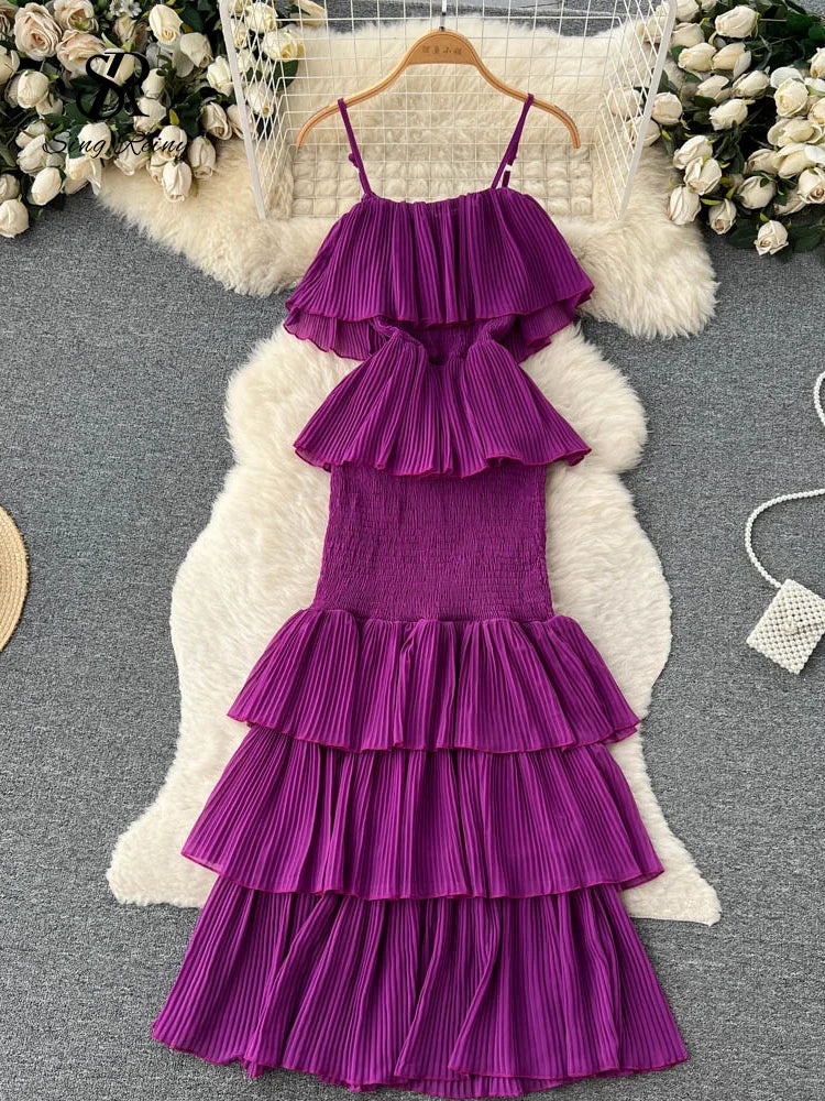 SINGREINY Women Hotsweet Chiffon Sundress Strap Cake Backless Sheath Bodycon Long Dress Vacation Retro Elastic Beach Dress