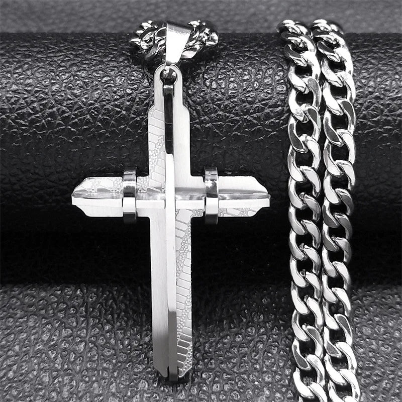 HNSP 316L Stainless Steel 3D Cross Chain Necklace Pendant For Men Jewelry Accessories Gold Silver Color