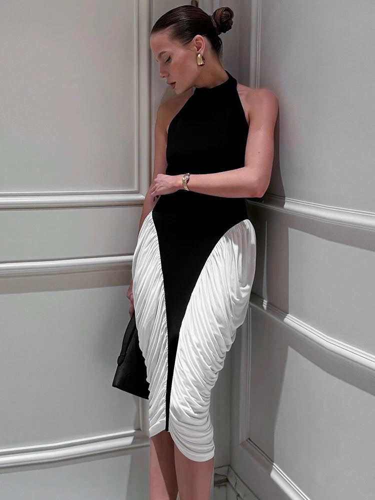 Weird Puss Contrast Patchwork Dress Women Sexy Backless Halter Pleated Y2K Sleeveless Slim Elegant Midnight Club Party Bodycon