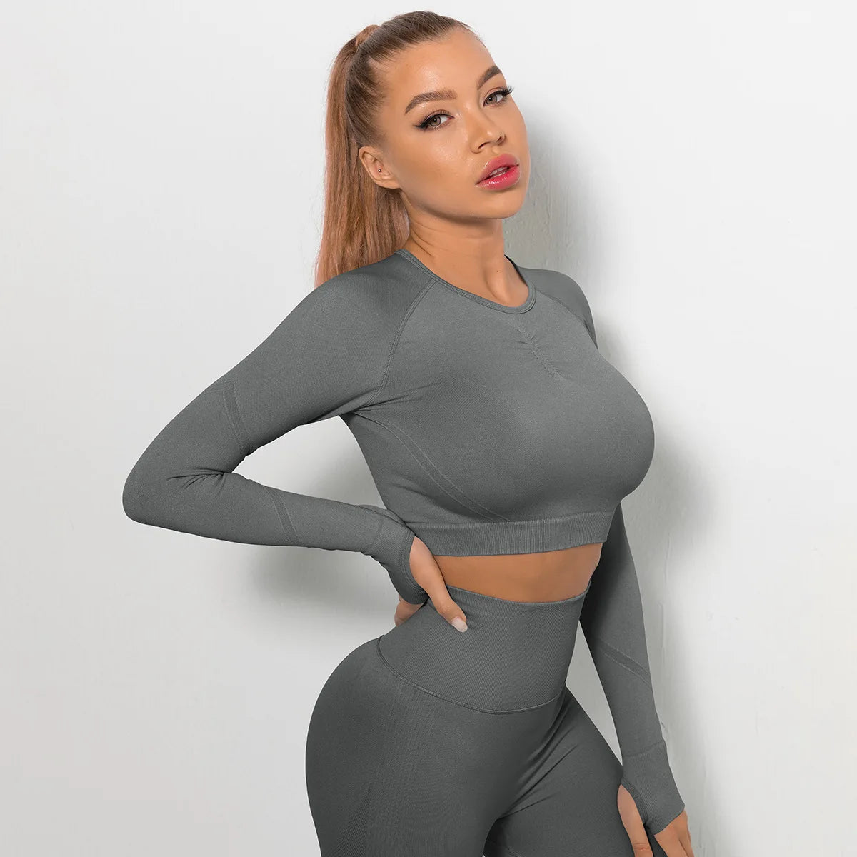 Solid Color Sexy Seamless Yoga Long Sleeves for Woman Slim Casual Sports Running Gym Workout Top Quick Drying Fitness Top