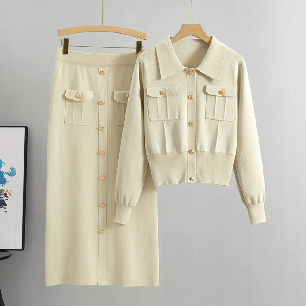 Women Knit Two Piece Skirt Sets Cardigan V Neck Single Breasted Sweaters A Line Long Skirts Casual Suit Thick Warm Elegant
