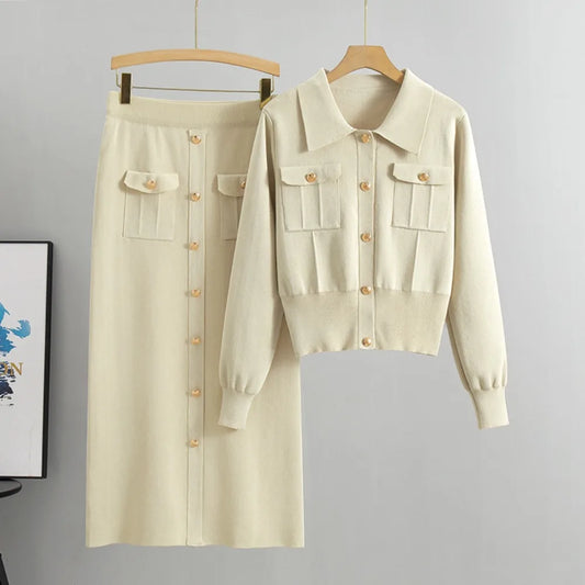 Women Knit Two Piece Skirt Sets Cardigan V Neck Single Breasted Sweaters A Line Long Skirts Casual Suit Thick Warm Elegant