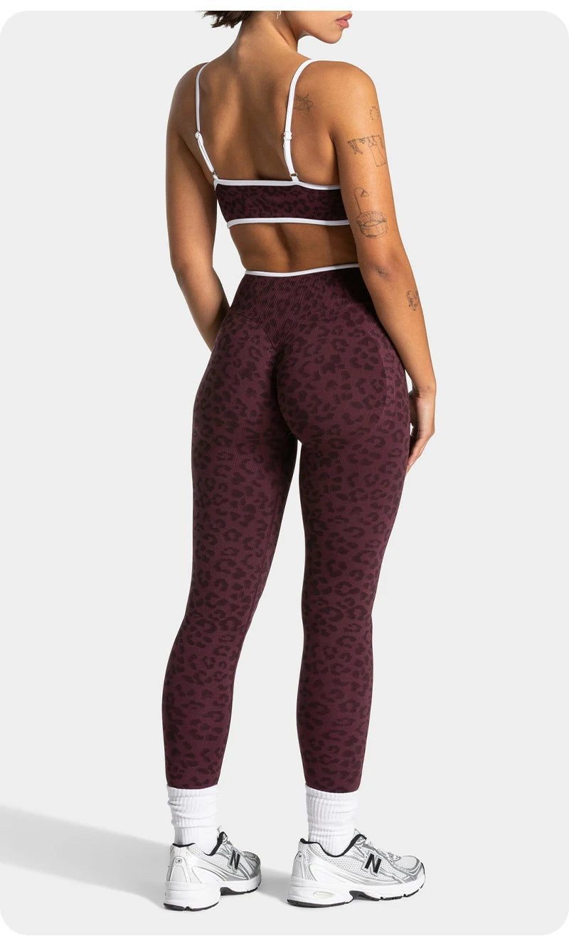 Women's Seamless Yoga Set Leopard Print Color Block Bra Top & Long Pants Workout Suit