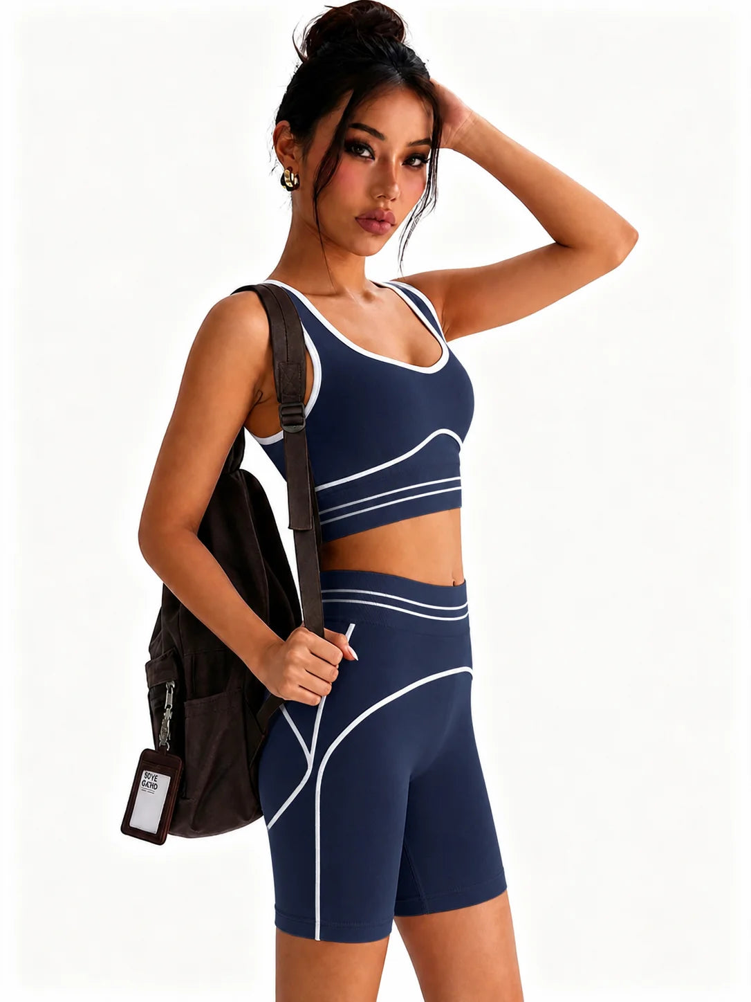 Women Contrast Trim 2 Piece Yoga Set U Neck Sports Bra Crop Top High Waist Biker Shorts Outfit Seamless Gym Workout Running Fitn