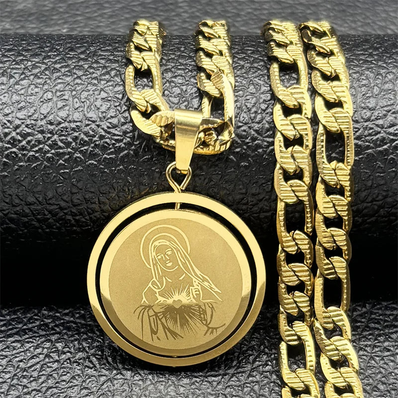 Virgin Mary Love Colorful Crystal Necklace Women Men Stainless Steel Gold Color Our Lady of Guadalupe Necklaces Jewelry N8389S05